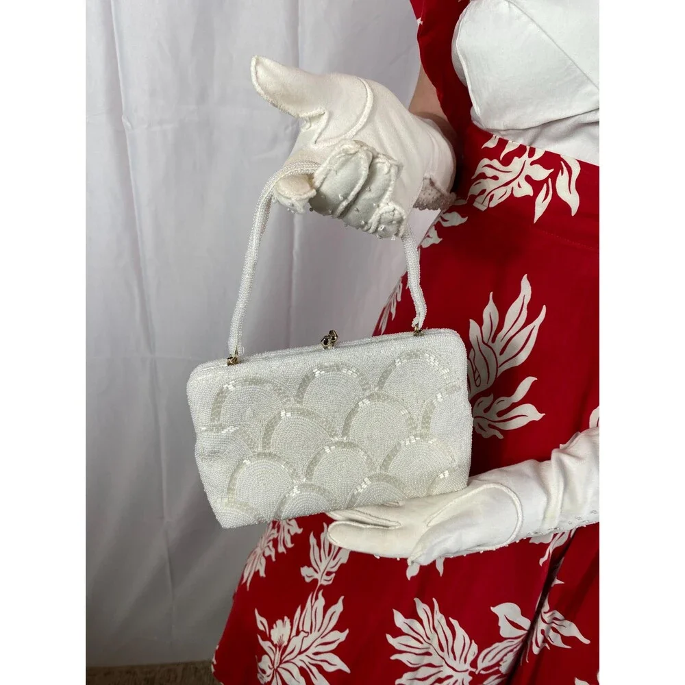 Vintage 1950s Beaded Pearl Purse, Made in Japan, Bridal Handbag